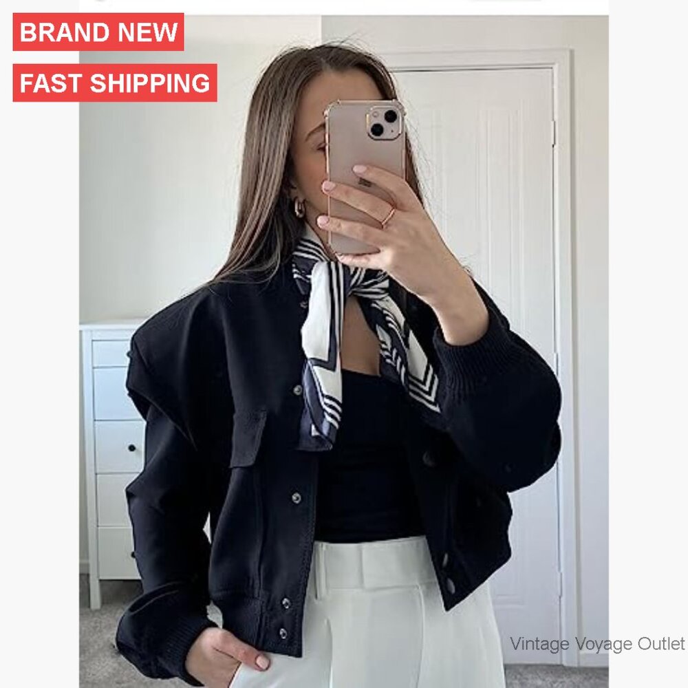 Cropped Bomber Jacket Button Down Varsity Shacket… - image 3